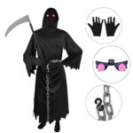 SUNYPLAY Halloween Grim Reaper Costume for Kids, Deluxe Halloween Costume with Glowing Glasses, Chain, Scythe and etc. (M)