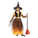 Witch Costume Girls Halloween Witch Dress Costumes Kids Deluxe Set Witch Hat Broomstick Halloween Candy Bags Fancy Dress Up Party (XL, Orange)