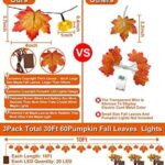 [ Timer & 3D Pumpkin Lights ]3 Pack Thanksgiving Fall Garland with Pumpkin Total 30Ft 60LED Realistic Maple Leaves Waterproof Brown Wire Battery Powered Fall Halloween Decor Home Indoor Outdoor