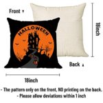 Set of 4 Halloween Pillow Covers 18 x 18 Inch with 4 Bonus Coasters, Black Cat Castle Soft Linen Trick or Treat Pillowcase, Rustic Halloween Decorations for Farmhouse Sofa Couch Car Orange