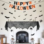 Artcome 45Pcs Halloween Decorations Set for Halloween Party Indoor Decor, 2Pcs Happy Halloween Felt Banner, 3Pcs Mantel Scarf and Spider Web Tablecloth Table Runners, 40Pcs 3D Bat and Spider Sticker