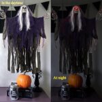 2 Pack Halloween Hanging Skeleton Ghost Decorations – 37” Led Light Up Red Eyes Hanging Grim Reapers with Hair for Halloween Indoor Outdoor Decoration Supplies