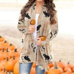 Women’s Halloween Cat Pumpkin Cardigan Long Sleeve Open Front Knit Outwear Coat Plus Size Knitting Sweater Top (Beige, 2X-Large)