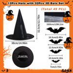 Halloween Decorations Witch Hat Set – 12PCS Black Witch Hats, 3D Bat, Halloween Decor Halloween Party Decoration Witch Costume Accessory for Halloween Indoor Outdoor Decor