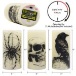 Eldnacele Halloween Flickering Candles with Skull, Spider Web, Crow Raven Decals Set of 3, Battery Operated Halloween Themed LED Candles Horror Spooky Decoration