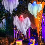 HOMELEX 3 PCS Cute Light Up Ghost Decorations Scary Halloween Decorations Hanging for Porch Trees