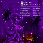 Halloween Spider Web Lights with Black Spider, 3.9FT Diameter 80 LED Purple Halloween Lights with 8 Modes, Waterproof Purple Net Lights for Party, Bedroom, Bar, Haunted House, Halloween Decorations