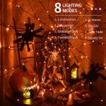 Halloween Spider Web Lights with Black Spider, 3.9FT Diameter 80 LED Orange Halloween Lights with 8 Modes, Waterproof Orange Net Lights for Party, Bedroom, Bar, Haunted House, Halloween Decorations