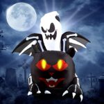 Halloween Inflatable Black Cat Decorations 6FT Blow Up Inflate Ghost Ride Skeleton Cat for Yard Décor Lighted Nightmare Dragon with Red Eyes for Halloween Outdoor Home Yard Lawn Garden Party