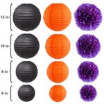 Paper Lanterns Halloween Decorations, Black Orange Chinese Lanterns and Purple Tissue Paper Flowers Hanging Ceiling Decor for Halloween, Party, Home Decor, Classroom, Horror Party, Birthday, 12 Pcs