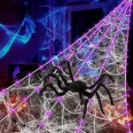 MACTING Halloween Decorations Outdoor,200″ Lighted Huge Triangular Spider Web with 79″ Giant Spider and Stretch Cobweb 40 Small Fake Spiders for Indoor Outdoor Yard Party Haunted Mansion Scary Decor