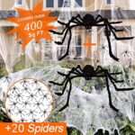 Sugaroom Halloween Spiders Decorations Set, 2Pcs 79″ Giant Spiders, 400sqft Stretch Cobweb with 20 Creepy Fake Spiders Props for Indoor Outdoor Halloween Decor Yard Home Costumes Party Haunted House