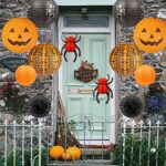 UNIQOOO 12Pcs Halloween Hanging Decorations Paper Lanterns, Jack-O’-Lantern Spider Skeleton Pumpkin for Indoor & Outdoor Spooky Home Decor, Party Supplies Props, 12″ & 8″ (Orange, Black)