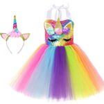 Soyoekbt Girls Unicorn Costume LED Light Up Princess Tutu Dress with Unicorn Headband for Halloween Birthday Party 3-8 Years Rainbow Sequin 5-6 Years