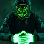 Max Fun Halloween Mask Led Light up Maks Glowing Gloves for Halloween Costume Cosplay Party Led Scary Masks with 3 Lighting Modes Hacker Cosplay Lighted Face Masks LED Glow Skeleton Gloves for Halloween Parties Masquerade Party (Green)