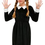 BesserBay Halloween Little Girls Wednesday Addams Costume Velvet Peter Pan Collar Long Sleeve Midi Dress Black 5-6 Years