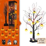 EAMBRITE Halloween Tree, 2FT Black Spooky Tree with 24 LED Orange Lights and 8 Pumpkins, Battery Operated Glitter Tabletop Tree with Timer for Halloween Decorations Fireplace Party