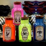 Cokaniy Halloween Glass Potion Bottle,4 Set of Apothecary Bottles with 8pcs Halloween labels Stickers,Colorful Glass Decorative Jar, Corked Bottle, Halloween Tiered Tray Decor Witchcraft Supplies