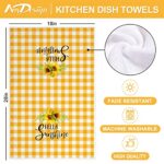 AnyDesign Sunflower Dish Towel 18×28 Inch Spring Summer Tea Towel Orange White Buffalo Plaids Flower Dishcloth Hello Sunshine Gnome Decorative Hand Towel for Bathroom Cooking, 4Pcs, A0196