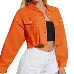 LifeShe Women Cropped Ripped Distressed Denim Jean Jacket Coat Fringe with Frayed Hem Orange