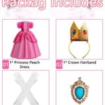 Girls Princess Peach Costume Dress Kids Super Brothers Cosplay Costume with Crown Gloves Halloween Costumes Rose Dress Up Outfit VU004L