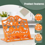 MINLUFUL Vintage Cookbook Stand – Cast Iron Recipe Book Holder for Kitchen Counter, Large Metal Cook Book Stand with Pumpkin Design, Orange
