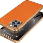 KOEOK Phone Case for iPhone 14/14 Plus/14 Pro/14 Pro Max, Premium Leather Slim Flexible Plated TPU Bumper Back Cover, Wireless Charging Compatible,14 Pro,Orange