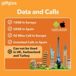 Orange Europe Prepaid SIM Card – 10GB Internet Data in 4G/LTE + 50 Mins Call in Europe, 50GB + Unlimited Calls in Spain, Europe SIM Card for 28 Days, Supported Hotspot, Standard/Micro/Nano