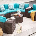 OC Orange-Casual 11 Pieces Sectional Outdoor Furniture, Half-Moon Curved Outdoor Sofa, All-Weather Brown Wicker with Round Coffee Table and Turquoise Cushions (Pillows Included)