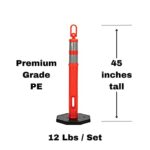 (Pack of 12 Sets) CJ Safety 45″ Orange Delineator Post Cone with 10 lbs. Rubber Base, 2 Reflective Bands (Set of 12 (Post & Base))