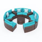 OC Orange-Casual 13 Pieces Sectional Outdoor Furniture, Half-Moon Curved Outdoor Sofa, All-Weather Brown Wicker with Round Coffee Table and Turquoise Cushions (Pillows Included)