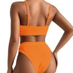 Lilosy High Waisted Tummy Control Bikini Ribbed Sporty Brazilian Swimsuit Set Women Highwaisted Cheeky Cut Leg Rise Bottom Crop Push Up Top 2 Piece Bathing Suit Neon Orange Medium