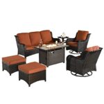 XIZZI Patio Furniture Sets Outdoor Swivel Rocking Chairs with 50,000 BTU Propane Fire Pit Table 7 Pieces All Weather PE Wicker Patio Conversation Sofa and Matching Side Table,Brown Rattan Orange Red