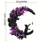 Halloween Moon Cat Garland with Rose, Wreath for Front Door, Black Bats Cat Wreath Decorations for Indoor Outdoor Home Party Decor(13.78 * 9.84 inches, Purple Black Rose)