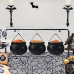 Halloween Decor – Halloween Party Decorations – Set of 3 Witches Cauldron Serving Bowls on Rack – Black Plastic Hocus Pocus Candy Bucket Cauldron for Indoor Outdoor Home Kitchen Decoration