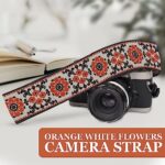 Art Tribute Orange Flowers Camera Strap Retro 70’s Classic Vintage Floral Pattern Camera Strap, Vegan Leather. Best Gift for Men & Women Photographers