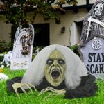 PREXTEX Halloween Decoration Zombie Groundbreaker Gray Haired 66 Inch (5.5 feet) Zombie Skull with Posable Skeletal Hands – Best Halloween Decoration Prop for Garden, Lawn, car, Indoor, Outdoor etc.
