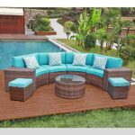 OC Orange-Casual 9-Piece Patio Furniture Set Half-Moon Sofa Outdoor All-Weather Wicker with Coffee Table & Set of Ottomans, Brown Rattan Turquoise Cushion (Pillows & Waterproof Cover Included)