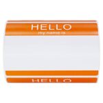 Hybsk Hello My Name is Tags Stickers Name Identification Stickers 3-1/2” x 2-3/8” Total 200 Labels Per Roll (Orange)