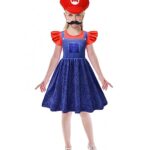 NE2HAN Super Costume Cosplay Dress Kids Party Dress Up Toddler Luigi Costumes Girls Fancy Outfit with Mustache Hat Halloween Birthday Gifts 5t 4t