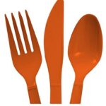 Heavy Duty Plastic Cutlery Set in Orange 32 Spoons 32 Forks 32 Knives