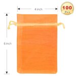 PMLAND 100 Pieces Orange Organza Drawstring Pouches for Candy Jewelry Party Wedding Favor Gift and Present Bags 4 x 6 Inch