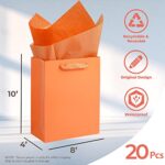 UnicoPak 20 Pack Orange Gift Bags Medium Size 8x4x10 Inch, Reusable and Waterproof Thick Paper Gift Bags with Handles, Glossy Finish Surface, Party Favor Bags Goodie Bags Gift Bag for Birthday, Party, Wedding, Bridal Shower, Shopping