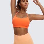 CRZ YOGA Womens Butterluxe Y Back Sports Bra – Padded Racerback Low Impact Spaghetti Thin Strap Workout Yoga Bra Neon Orange Medium