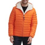 Calvin Klein Men’s Hooded Down Jacket Quilted Coat Sherpa Lined, Orange, Small