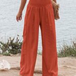 Cotton Linen Palazzo Pants for Women Summer High Waisted Wide Leg Long Casual Baggy Pant Loose Trousers with Pockets Orange