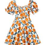 Floerns Women’s Summer Drawstring Sweetheart Neck Puff Sleeve A Line Short Dress Orange L