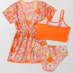 OYOANGLE Girl’s 3 Piece Floral Bikini Set Swimwear Bathing Suit Swimsuit and Kimono Orange Floral 11-12Y