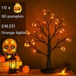 ZHOUDUIDUI Halloween Tree, Black Spooky Tree with 24LED Orange Lights and 10 Pumpkin Ornaments Battery Powered 18IN Lighted Halloween Bonsai Tree for Indoor Tabletop Halloween Party Decoration