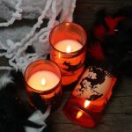 Lasumora Halloween Flickering Candles with Remote Castle, Witch, Crow Raven Decals, Red Glass Battery Operated Flameless LED Candles, Real Wax Pillar Candles Set of 3 for Halloween Decorations